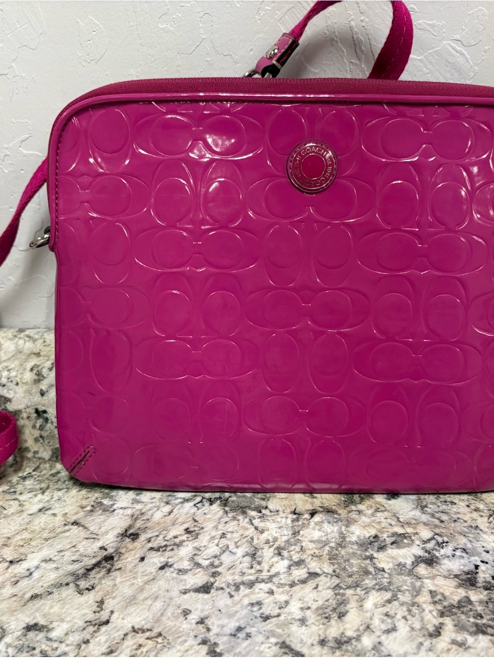 Coach Fuchsia Patent Signature Laptop Crossbody